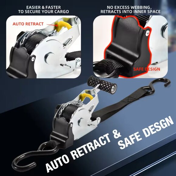 Heavy Duty Retractable Ratchet Straps (2-Pack) – Truck, Trailer and Garage Tool - Picture 4 of 16